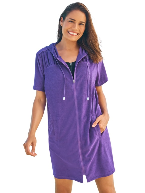 Women's Plus Size Terry Longer-Length Hooded Zip-Front Swim Cover-Up