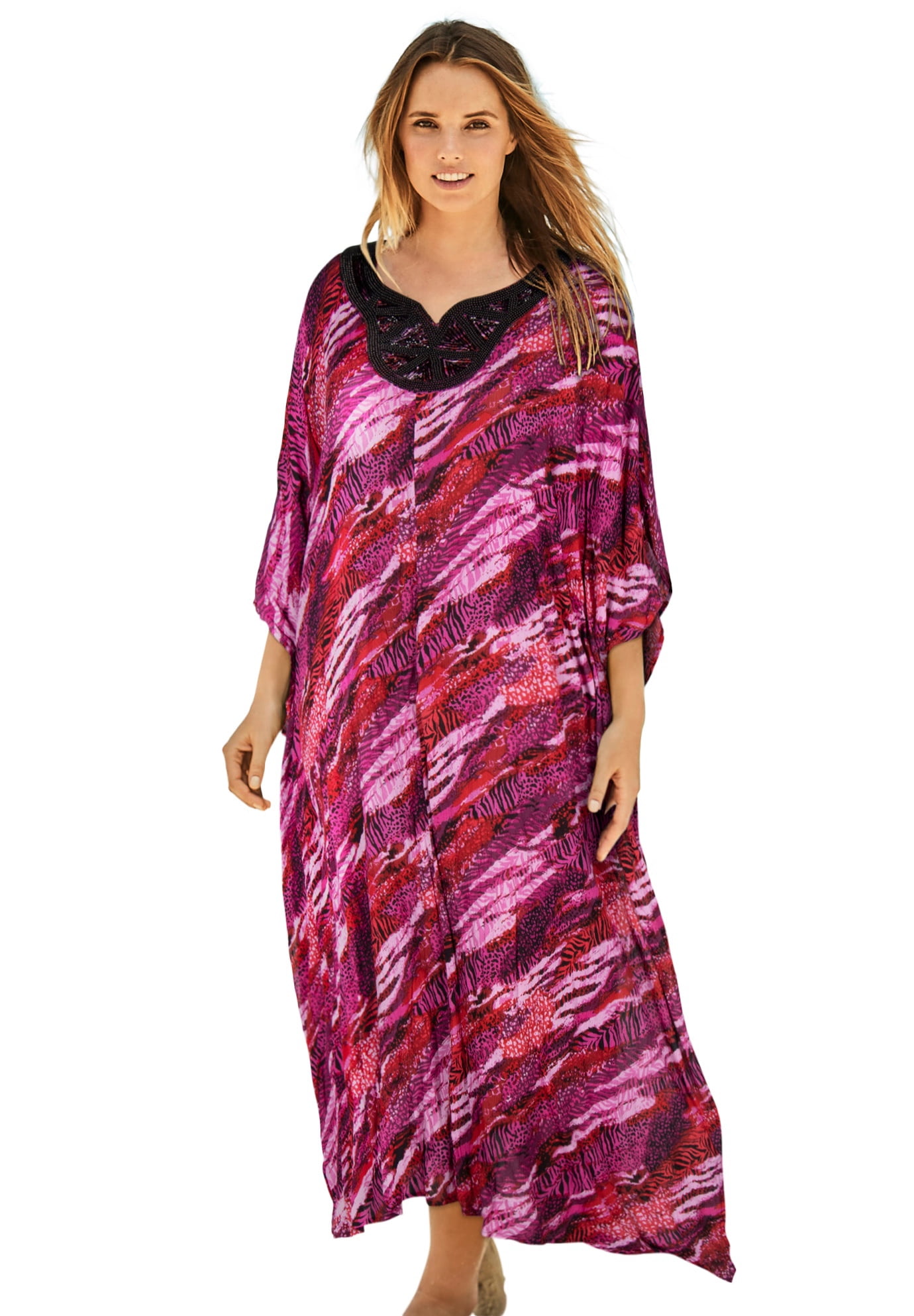 Swim 365 Women's Plus Size Long Embellished Cover Up 14/16, Merlot