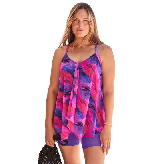 Swim 365 Women's Plus Size Longer-Length Draped Mesh Racerback Tankini Top