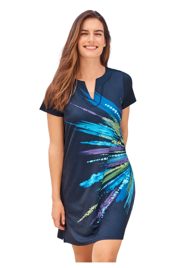Women's Plus Size Longer-Length Notch-Neck Short-Sleeve Swim Tunic