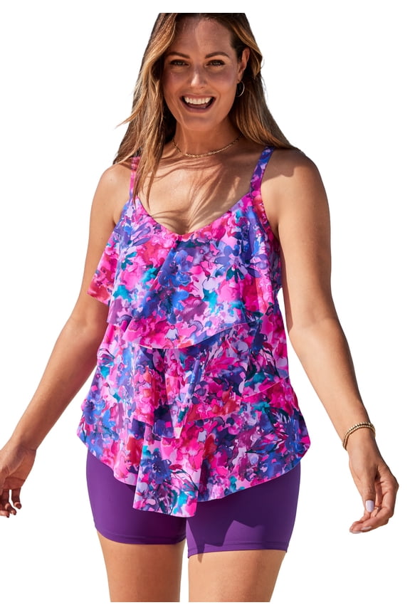 Women's Plus Size Longer-Length V-Neck Tiered-Ruffle Tummy Control Tankini Top
