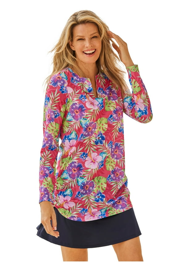 Swim 365 Women's Plus Size Split-Neck Long Sleeve Swim Tee With Built-In Bra