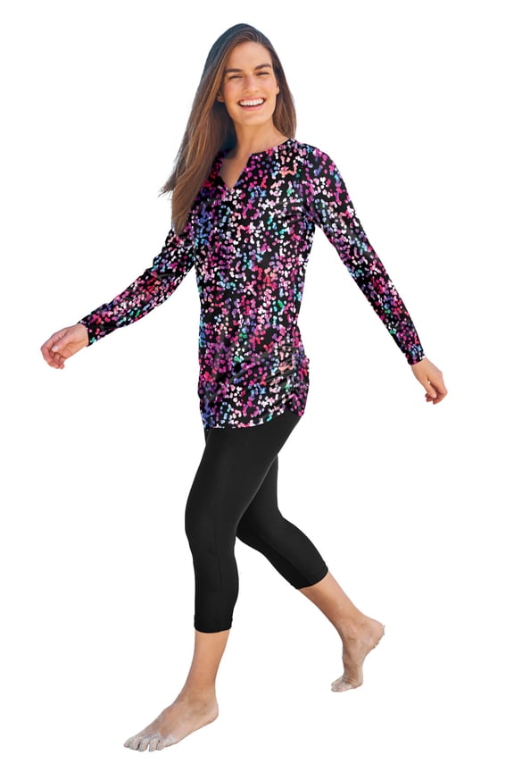 Swim 365 Women's Plus Size Split-Neck Long Sleeve Swim Tee With Built-In Bra