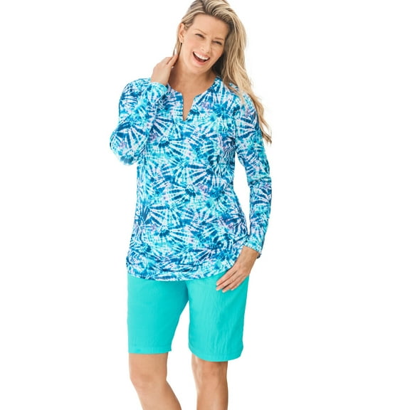 Swim 365 Women's Plus Size Split-Neck Long Sleeve Swim Tee With Built-In Bra