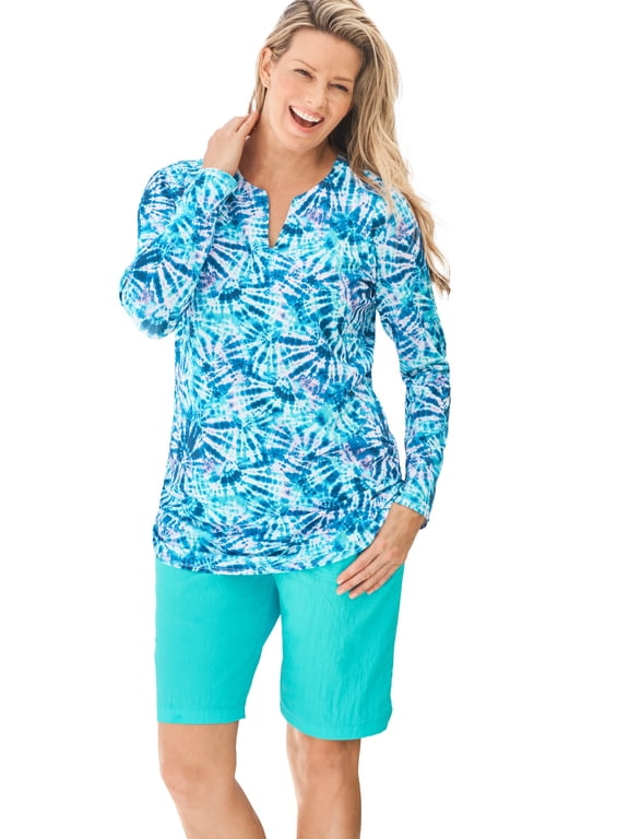Women's Plus Size Split-Neck Long Sleeve Swim Tee With Built-In Bra