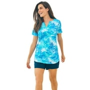 Swim 365 Womens Plus Size Split-Neck Short-Sleeve Swim Tee With Built-In Bra