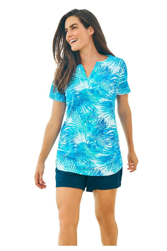 Swim 365 Women's Plus Size Split-Neck Short-Sleeve Swim Tee With Built-In Bra