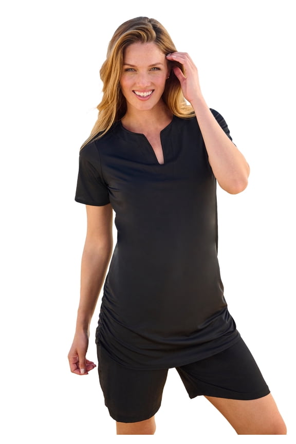 Swim 365 Women's Plus Size Split-Neck Short-Sleeve Swim Tee With Built-In Bra