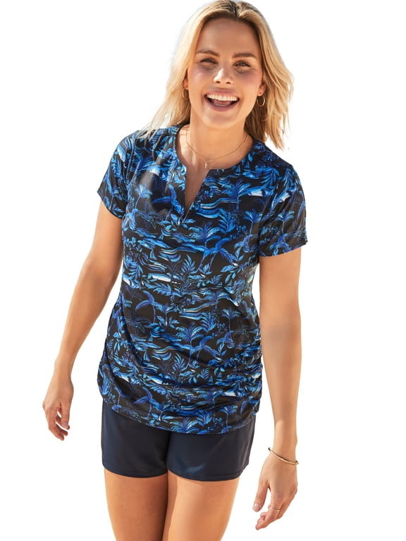 Women's Plus Size Split-Neck Short-Sleeve Swim Tee With Built-In Bra