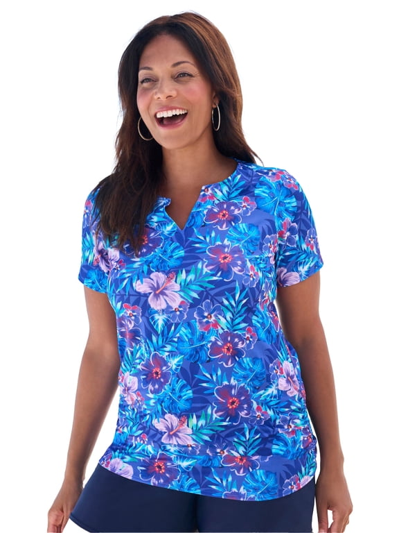 Women's Plus Size Split-Neck Short-Sleeve Swim Tee With Built-In Bra
