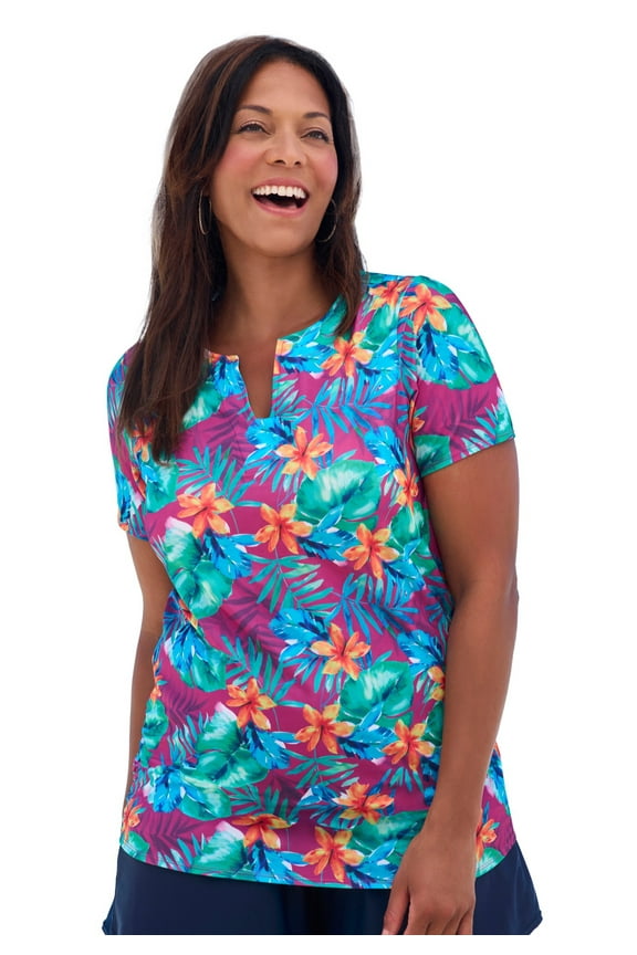 Swim 365 Women's Plus Size Split-Neck Short-Sleeve Swim Tee With Built-In Bra