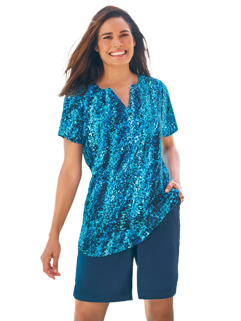 Swim 365 Women's Plus Size Split-Neck Short Sleeve Swim Tee With