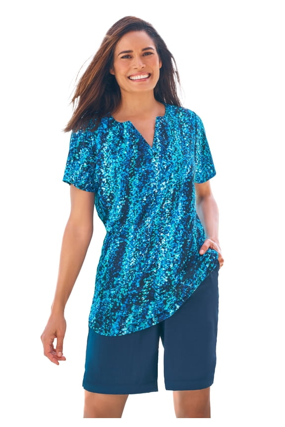 Women's Plus Size Split-Neck Short-Sleeve Swim Tee With Built-In Bra