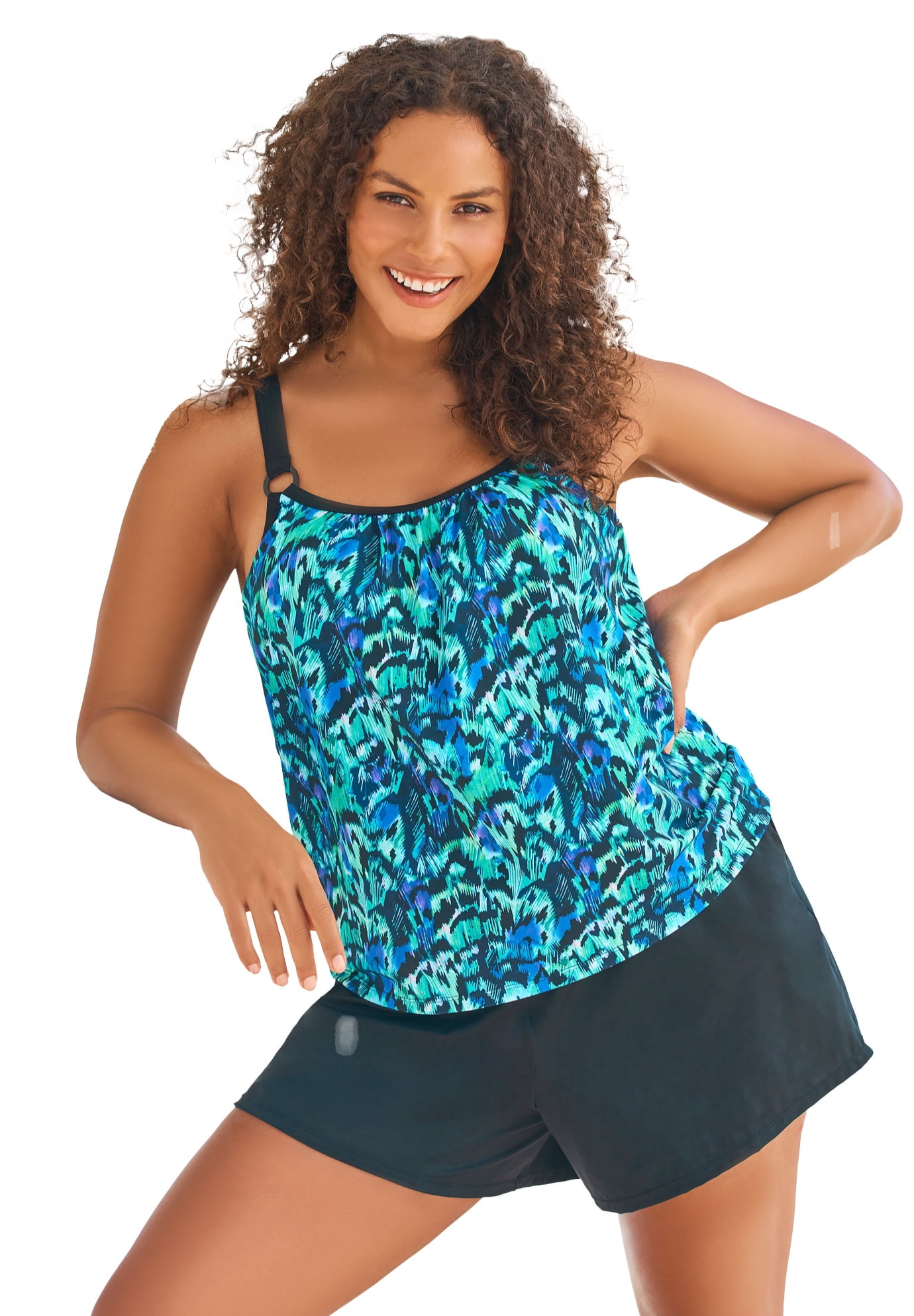 Swim 365 Tank Overlay Swim Romper, Women's Plus Size 16, Blue Mixed