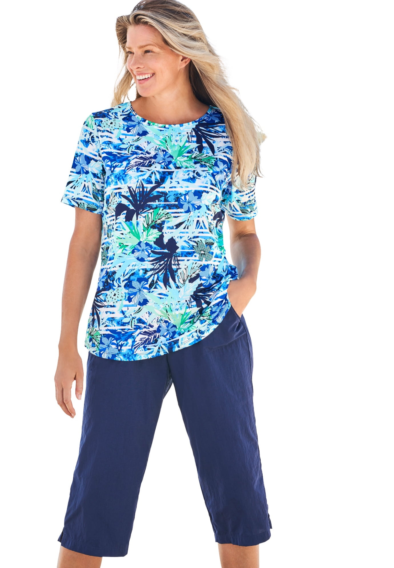 Swim 365 Women's Plus Size Chlorine-Resistant Crewneck Relaxed-Fit Swim Tee