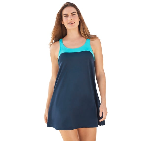 Swimsuits for All Women's Plus Size Two-Piece Colorblock Swim Dress