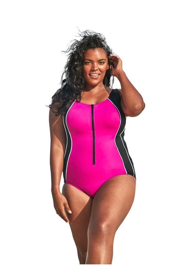 Swim 365 Women's Plus Size Zip-Front One-Piece With Tummy Control