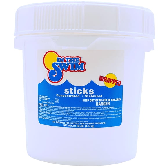 In The Swim 4 Inch Chlorine Sticks for Sanitizing Swimming Pools - Individually Wrapped, Slow Dissolving, Stabilized Chlorine Sanitizer - 90% Available Chlorine, 99% Trichlor - 10 Pounds U005010040AE