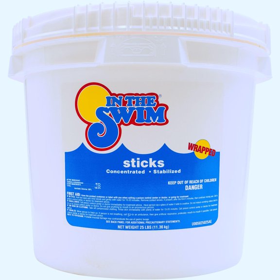 In The Swim 4 Inch Chlorine Sticks for Sanitizing Swimming Pools - Individually Wrapped, Slow Dissolving, Stabilized Chlorine Sanitizer - 90% Available Chlorine, 99% Trichlor - 25 Pounds U005025025AE