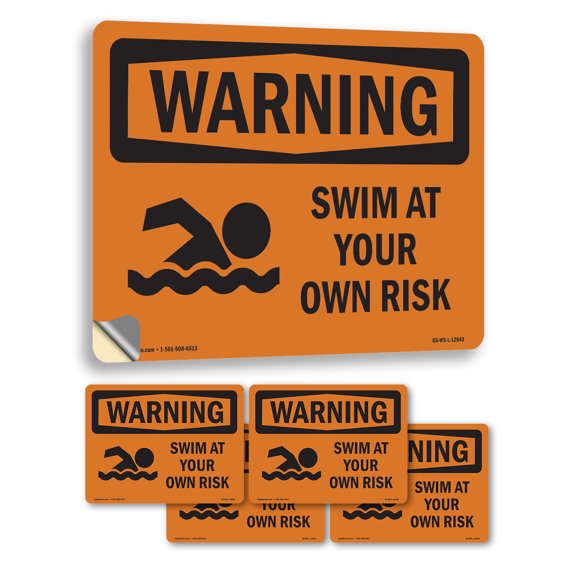 Swim At Your Own Risk OSHA WARNING Vinyl Decal Label 18 Inch x 12 Inch - 5 Pack
