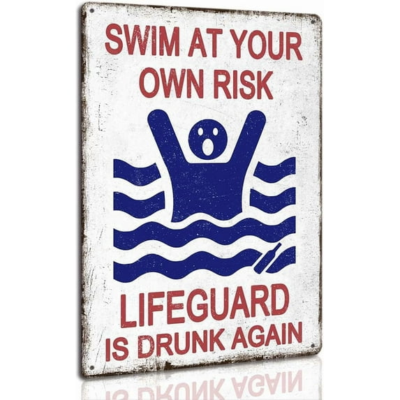 Swim At Your Own Risk Pool Sign Vintage Funny Safety Plaque Signs for Swimming Pool Beach Water Park Decor Outdoor 8 x 12 inch Color A