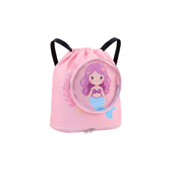 Swim Backpack, Cartoon Mermaid Print with Independent Shoe Compartment, 1 Pack Pink Portable Drawstring Sack, for Beach Vacation Swimming Pool Gym Yoga Workout Travel Day Use