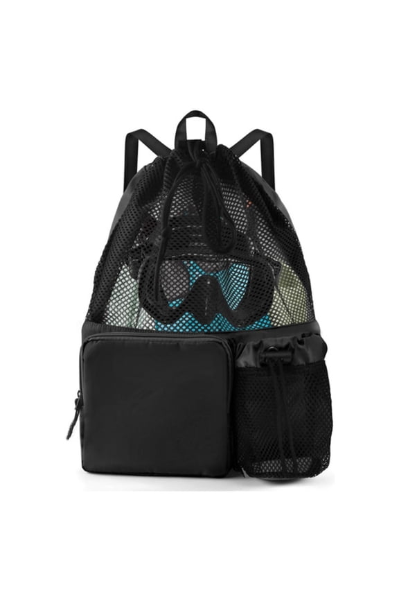 Swim Bag Beach Backpack with Wet Pocket Mesh Drawstring Bags for Swimming, Gym(Expand size 40 * 47cm,black)