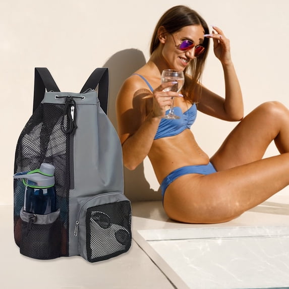 Swim Bag Mesh Drawstring Backpack, With Wet Bag for Swimming Gym Fitness Gear, Cloth Material Large Capacity, Black Color, Lightweight, Easy to Fold, Suitable for Beach, Sports