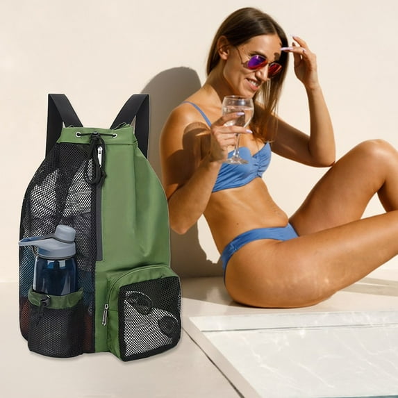 Swim Bag Mesh Drawstring Backpack, With Wet Bag for Swimming Gym Fitness Gear, Cloth Material Large Capacity, Black Color, Lightweight, Easy to Fold, Suitable for Beach, Sports