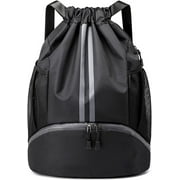AOKUR Swim Bag Sackpack, Lightweight Drawstring Backpack Training Gymsack with Dry Wet Compartment, Waterproof Casual Bags for Gym Shopping Swimming Yoga Sport (Black)
