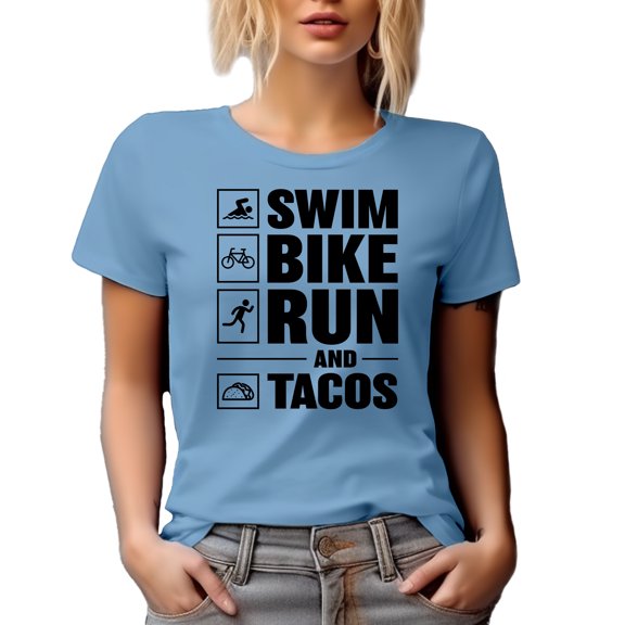 Swim, Bike, Run and Tacos, Taco Lover Triathlon Athlete or Triathlete, Baby Blue T-Shirt, Large