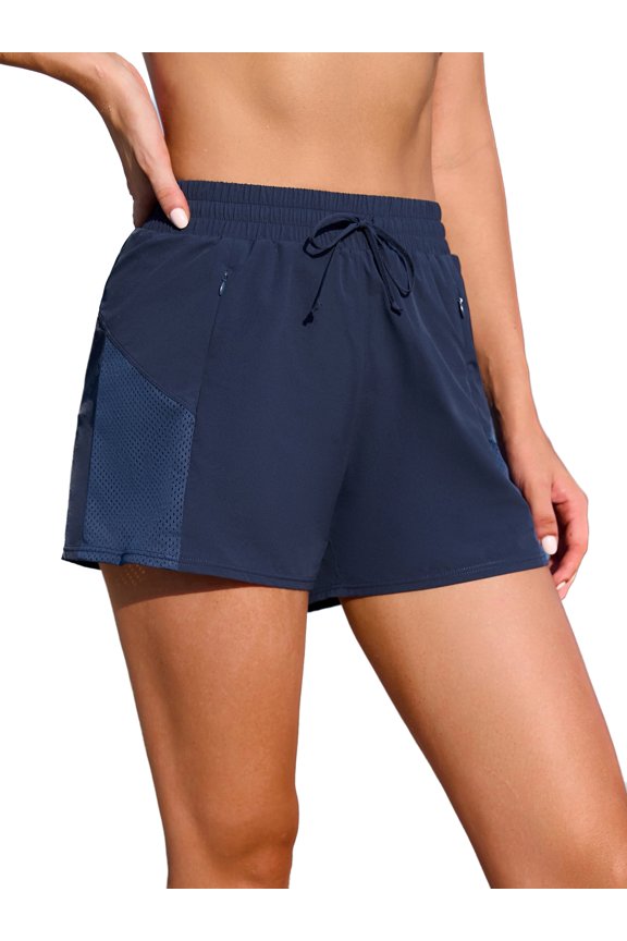 Swim Board Shorts for Women Side Mesh High Waisted Drawstring Bathing Bottoms with Two Zip Pockets