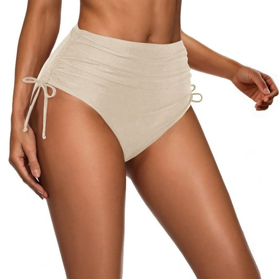 Swim Bottoms for Women Under $10 Free Shipping Solid Color High Waisted Sexy Drawstring Pleated Swimsuit
