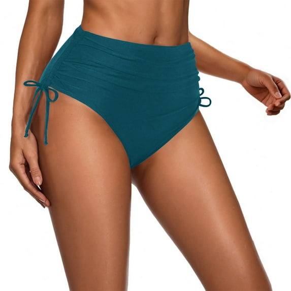 Swim Bottoms for Women Under $10 Free Shipping Solid Color High Waisted Sexy Drawstring Pleated Swimsuit