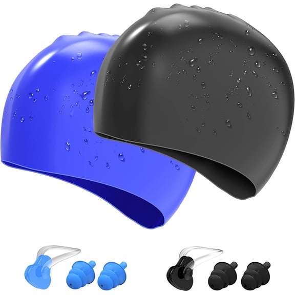 Swim Cap, 2 Pack Unisex Swim Caps Long Hair Swimming cap Silicone Swim Hat Waterproof Swimming Hat for Man Woman Kids