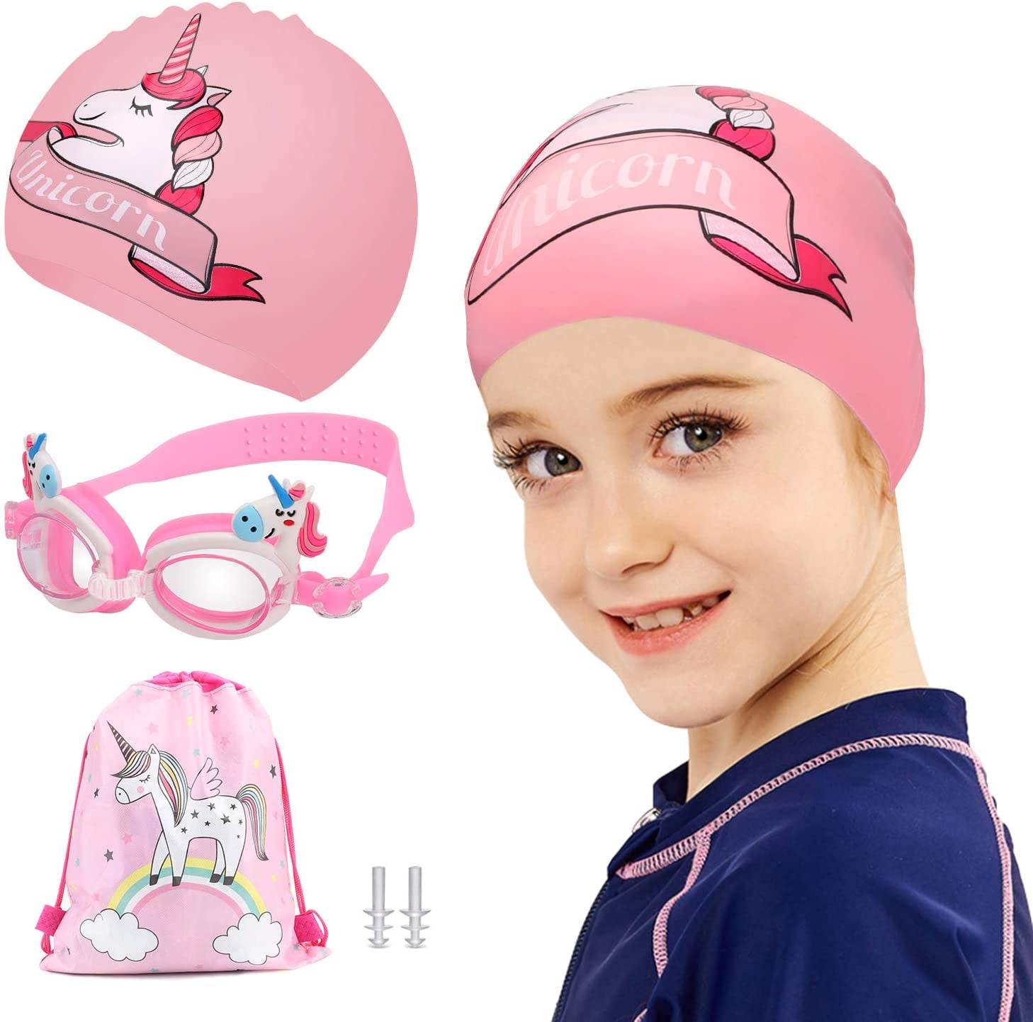 Swim Cap for Girls Kids(Age 3-12) with Swimming Goggles and Storage Bag,  Silicone Waterproof Swimming and Bathing Caps for Long and Short Hair Girls