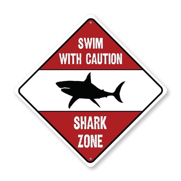 Swim Caution Shark Zone Diamond Aluminum Metal Decor Sign - 12" x 12"