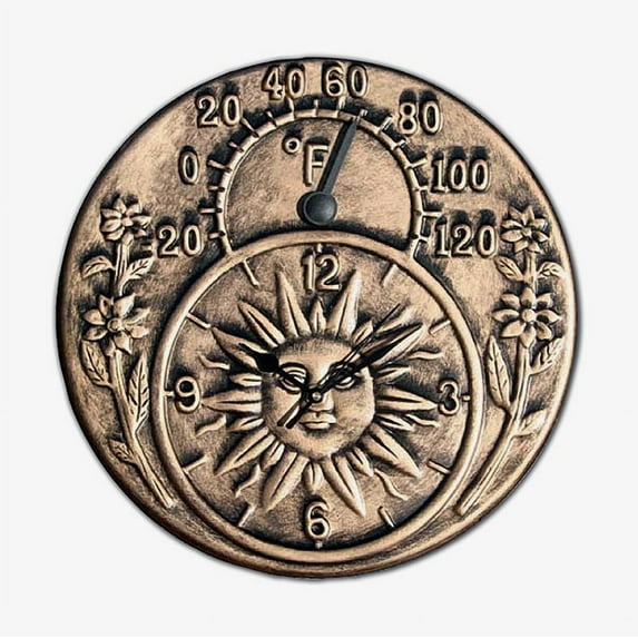 Swim Central 12" Antique Gold Terra Cotta Embossed Sun and Flowers Indoor or Outdoor Wall Clock