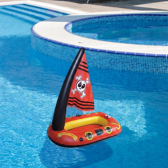 Swim Central 57" Inflatable 2-Person Pirate Boat Swimming Pool Float with Jolly Roger Sail - Red