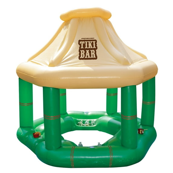 Swim Central 7.5' Cream and Green Tropical Inflatable Swimming Pool Floating Tiki Bar