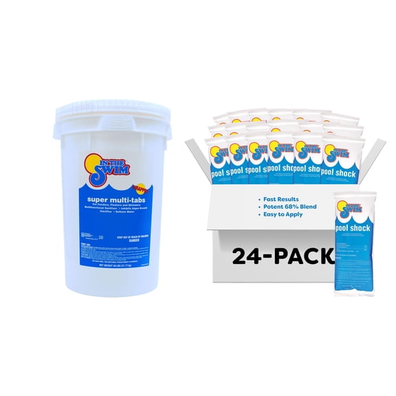 In The Swim Chlorine and Shock Bundle for Sanitizing Swimming Pools – Includes 48 Pound Bucket of 5-in-1 Super Multi-Tablets and 24 x 1 Pound Bags of 68% Cal-Hypo Pool Shock