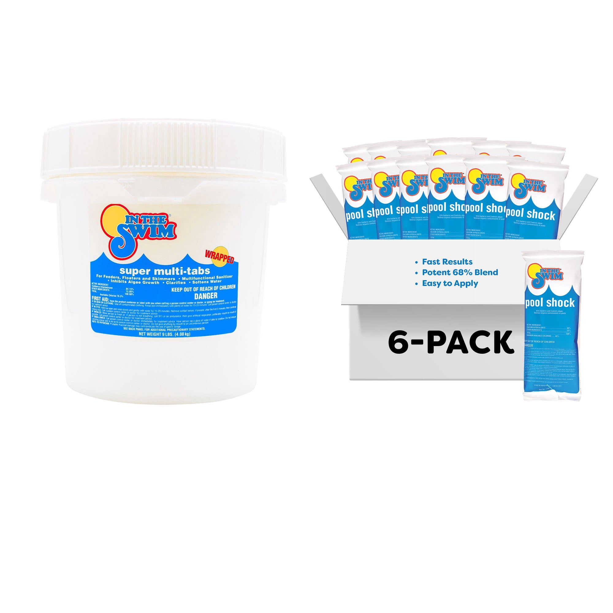In The Swim Chlorine and Shock Bundle for Sanitizing Swimming Pools – Includes 9 Pound Bucket of 5-in-1 Super Multi-Tablets and 6 x 1 Pound Bags of 68% Cal-Hypo Pool Shock