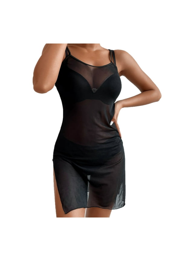 Swim Cover Up For Women Bikini Drawstring Waist Knot Mesh Without Lingerie Split k Dress Shiny Wraps Summer Vacation Clothes Black