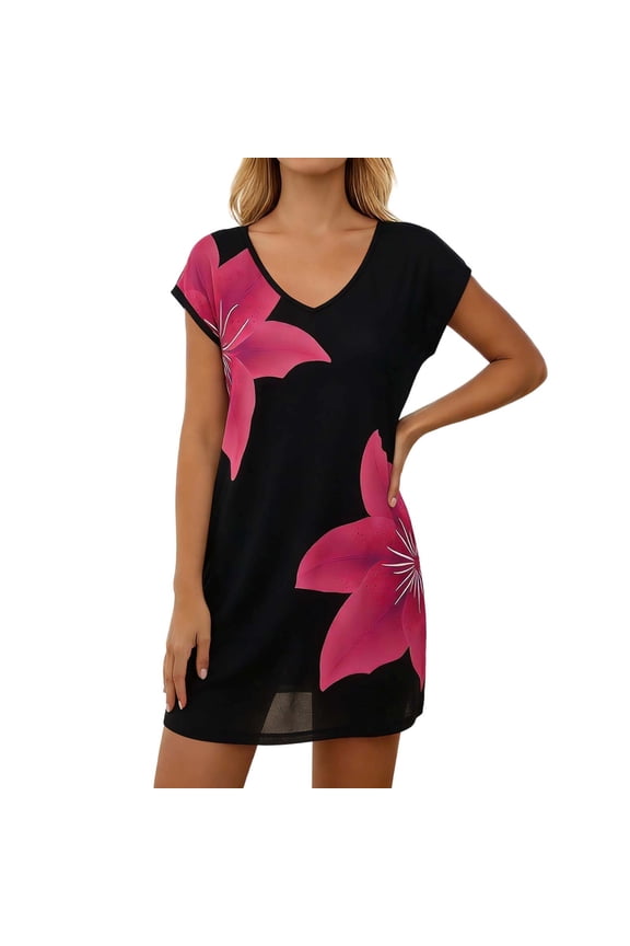 Swim Cover Up For Women Printed Short Sleeve Lightweight Mesh Overlay And Flowy Vibe Tunic Dress Vacation Clothes Black