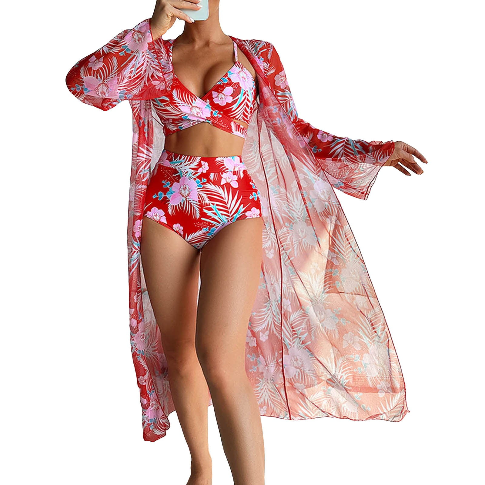 SHENHE Women's Maternity Bikini Set - 3 Piece High Waisted Halter Bandeau With Cover Up Skirt