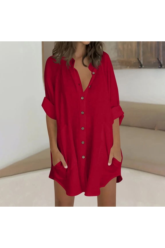 Swim Cover-Ups for Women,3/4 Sleeve Button Down Cotton Linen Shirts,Lightweight Cardigan Breathable Gauze Blouse