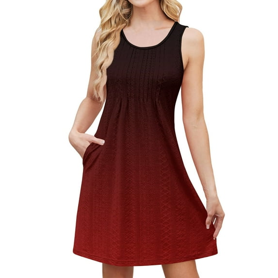 Swim Dress for Women Swimwear Eyelet Summer Dresses for Women 2025 Sleeveless Casual Boho Bikini Beach Cover Up Bathing Suit Cover Up Tie Dye Plus Size Sundresses with Pockets Deep Red XL