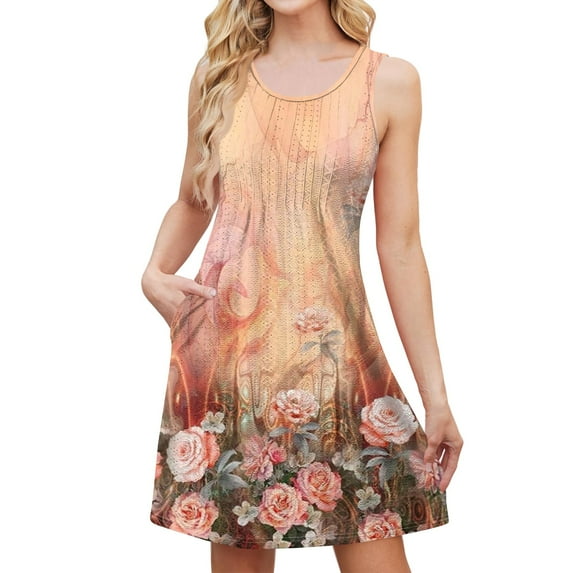 Swim Dress for Women Swimwear Eyelet Summer Dresses for Women 2025 Sleeveless Casual Boho Bikini Beach Cover Up Bathing Suit Cover Up Tie Dye Plus Size Sundresses with Pockets Saffron M