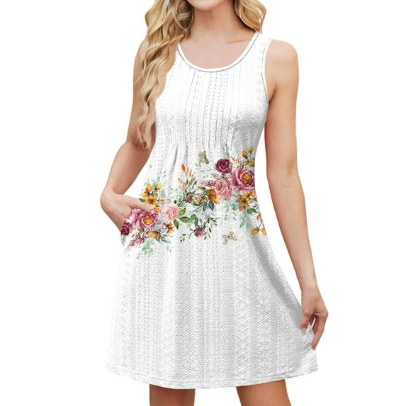Swim Dress for Women Swimwear Eyelet Summer Dresses for Women 2025 Sleeveless Casual Boho Bikini Beach Cover Up Bathing Suit Cover Up Tie Dye Plus Size Sundresses with Pockets White M