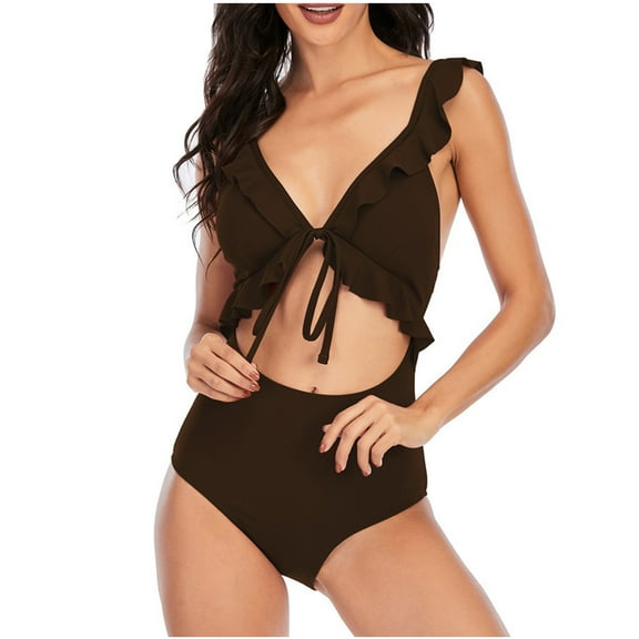 Swim Dress Womens Bikini Top Solid Color Fashion Adjustable Frenum Flounce Backless Bikinis Coffee,L